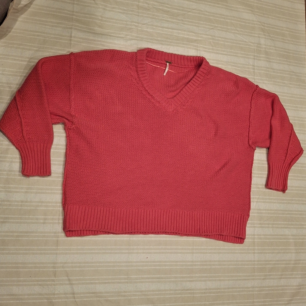 Free People Jumper Alli V Neck Sweater Strawberry Spritz Oversized Pink Sz S Box